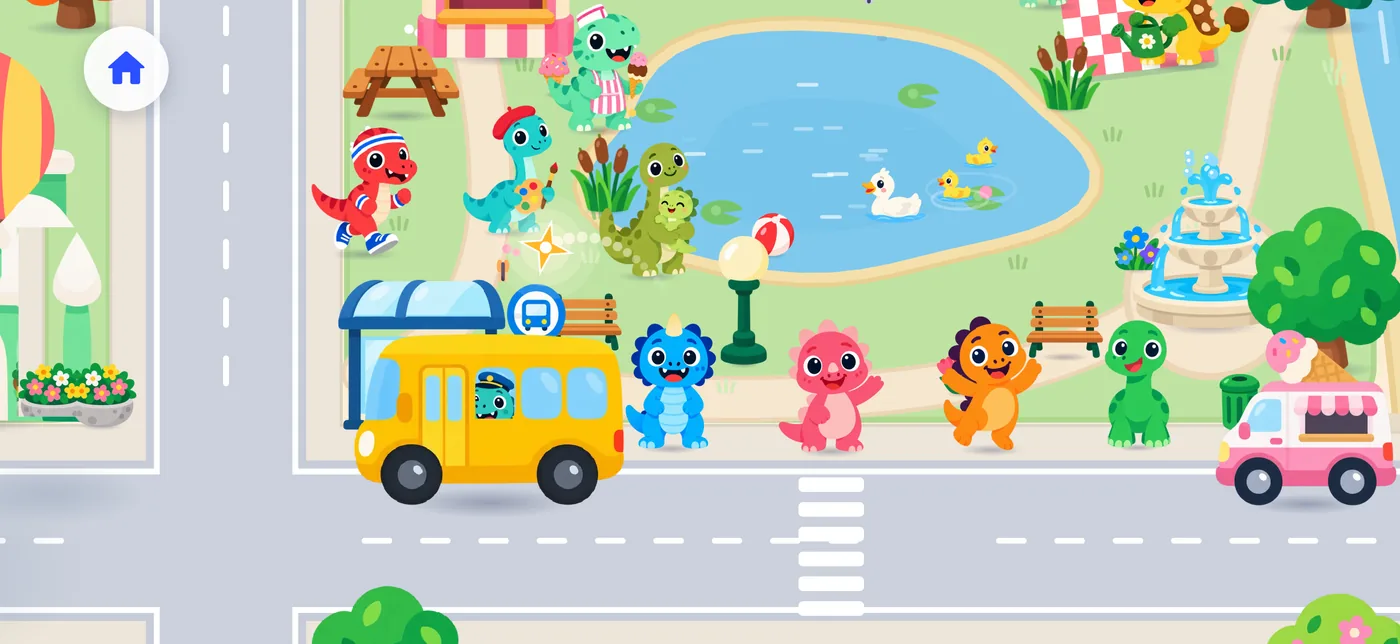 Dino Town in DinoPals: the four dinosaurs beside a yellow bus
